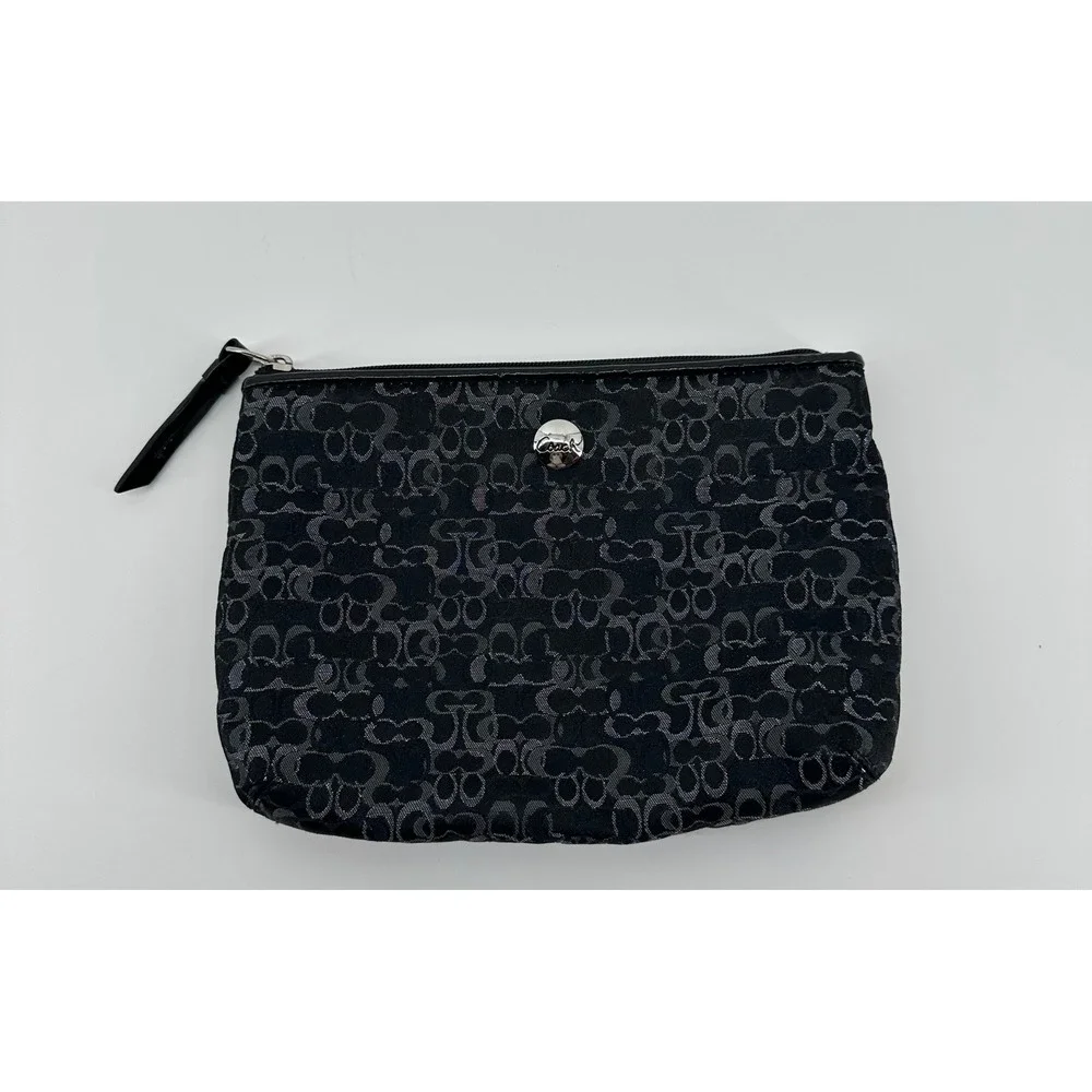 Coach Signature Jacquard Cosmetic Pouch Black Silver Logo Zip Top Makeup Bag
